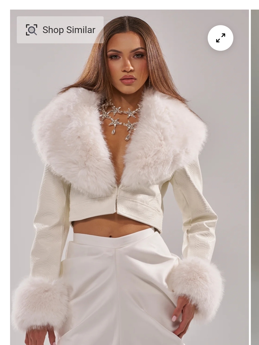 White Creamy Cropped Jacket with Faux Fur Collar and Cuffs